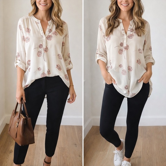 Daniel Rainn Tops - Daniel Rainn Cream and Pink Relaxed Blouse with Mandarin Collar